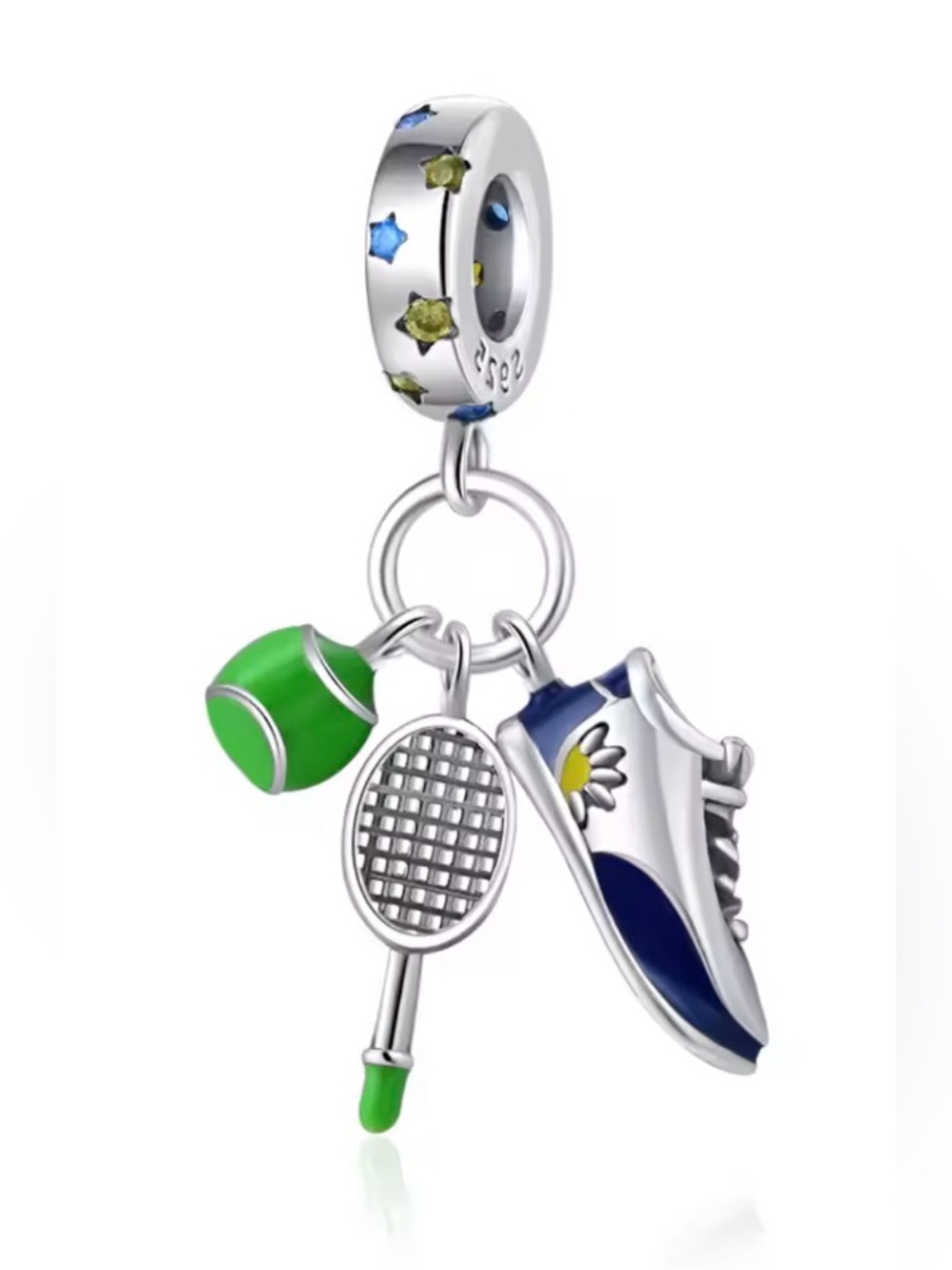 Silver, Blue & Green Sneaker, Racket & Ball Dangle Charm